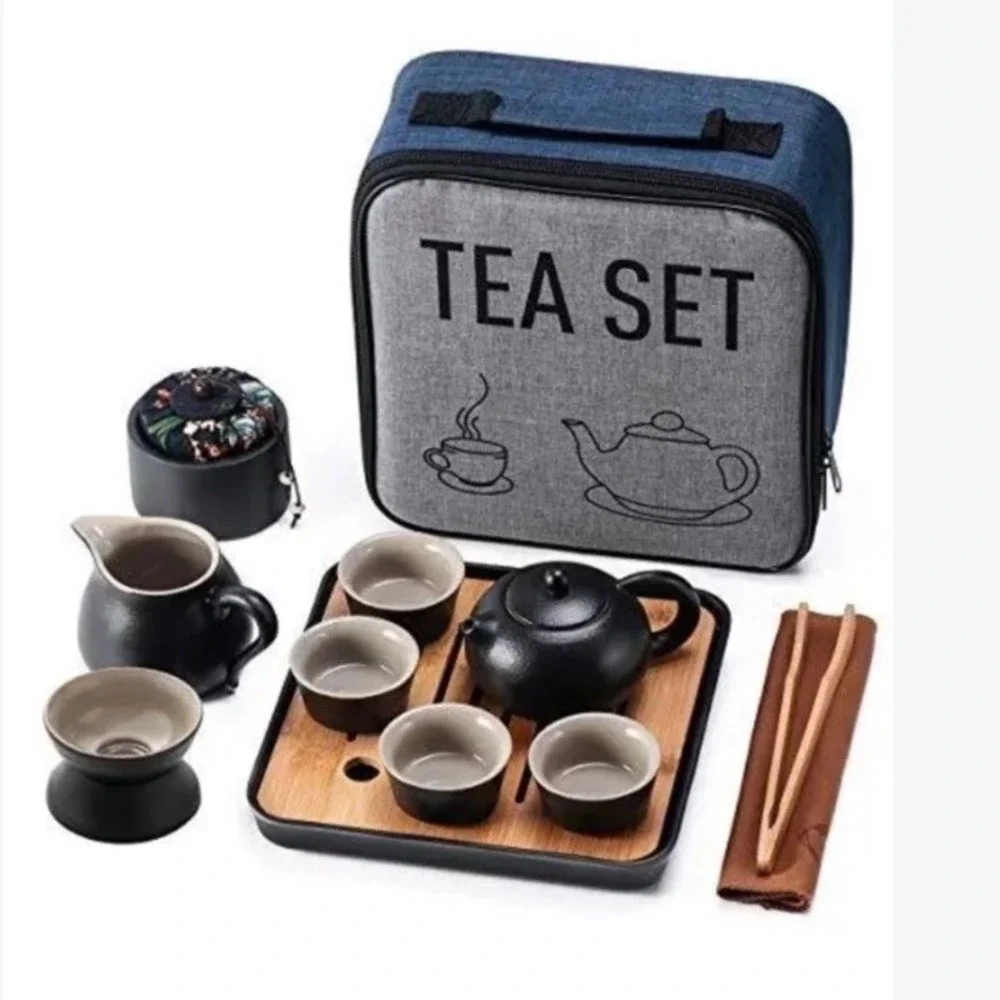 Portable Kung Fu Tea Set Matte Black Ceramic Travel Kit with Bamboo Tray & Case